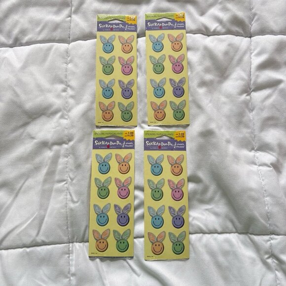 NEW Vintage 90s Stickety Doo Da Smiley Face Rabbit Easter Bunny Stickers 4 Packs - Picture 1 of 4